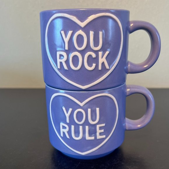 Set of YOU ROCK & YOU RULE Purple Stoneware Mugs Cups ~ Valentine's Day Gift - Picture 1 of 9